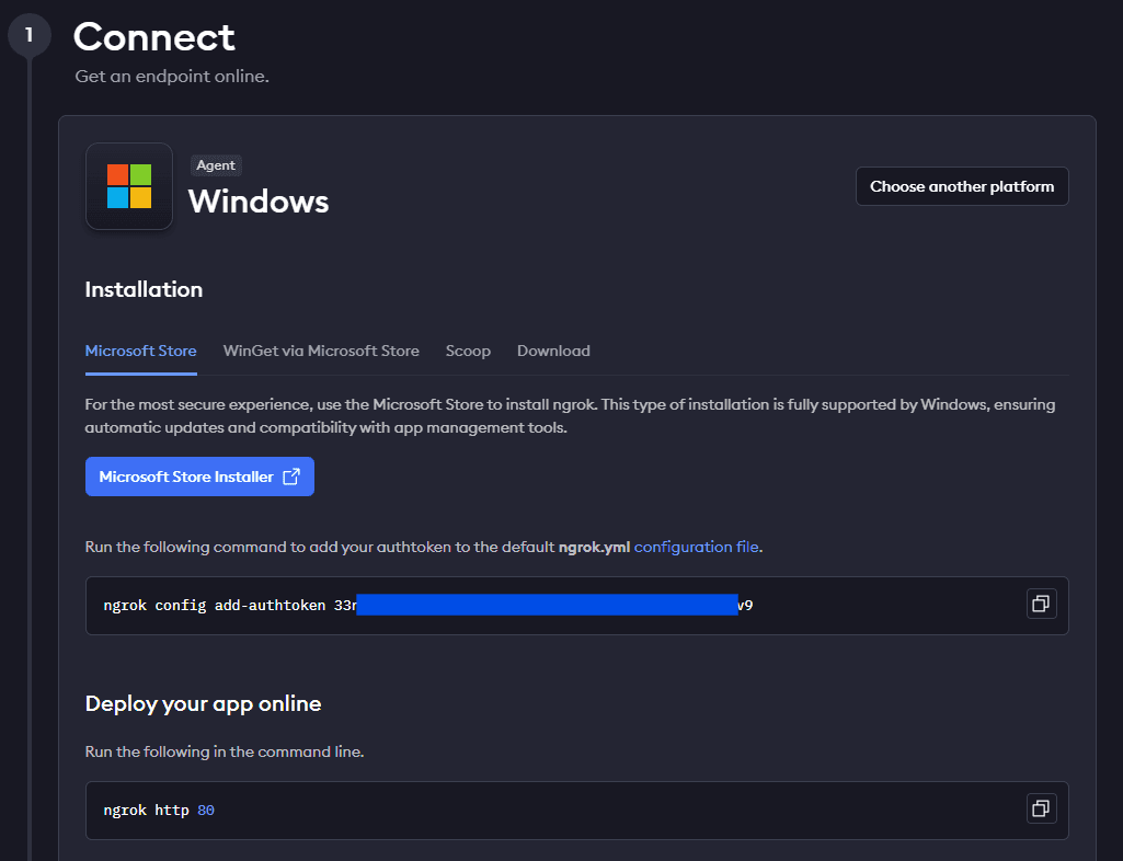 Interface Ngrok affichant l’installation Windows et la commande pour ajouter l’authtoken